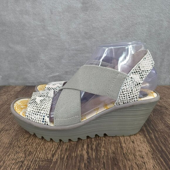 Fly London Yaji Wedges Sandals 38 7 Grey Cream Snakeskin Cross Strappy Leather - Picture 9 of 14